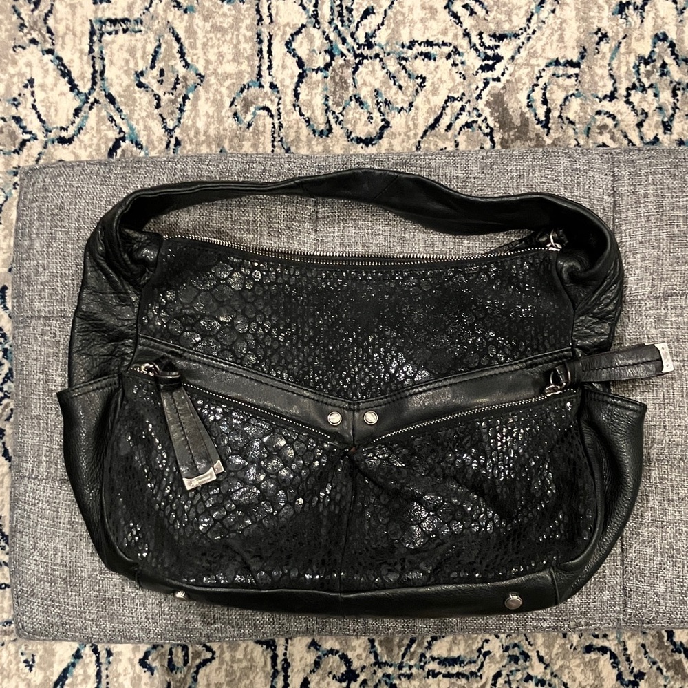 B. Makowsky Black Textured Snake Skin Detail Shoulder Bag